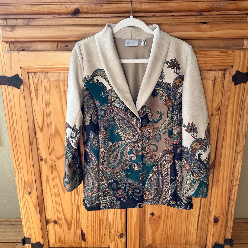 Susan Graver Jacket Printed Suede Shawl Collar Paisley Button Closure Smal
